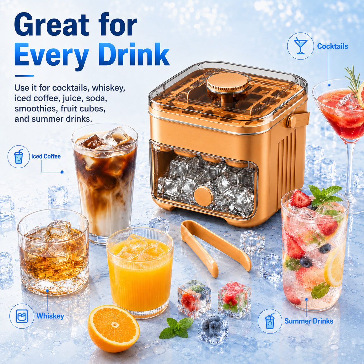 Nectavira ice maker for iced coffee, cocktails, juice, soda and summer drinks