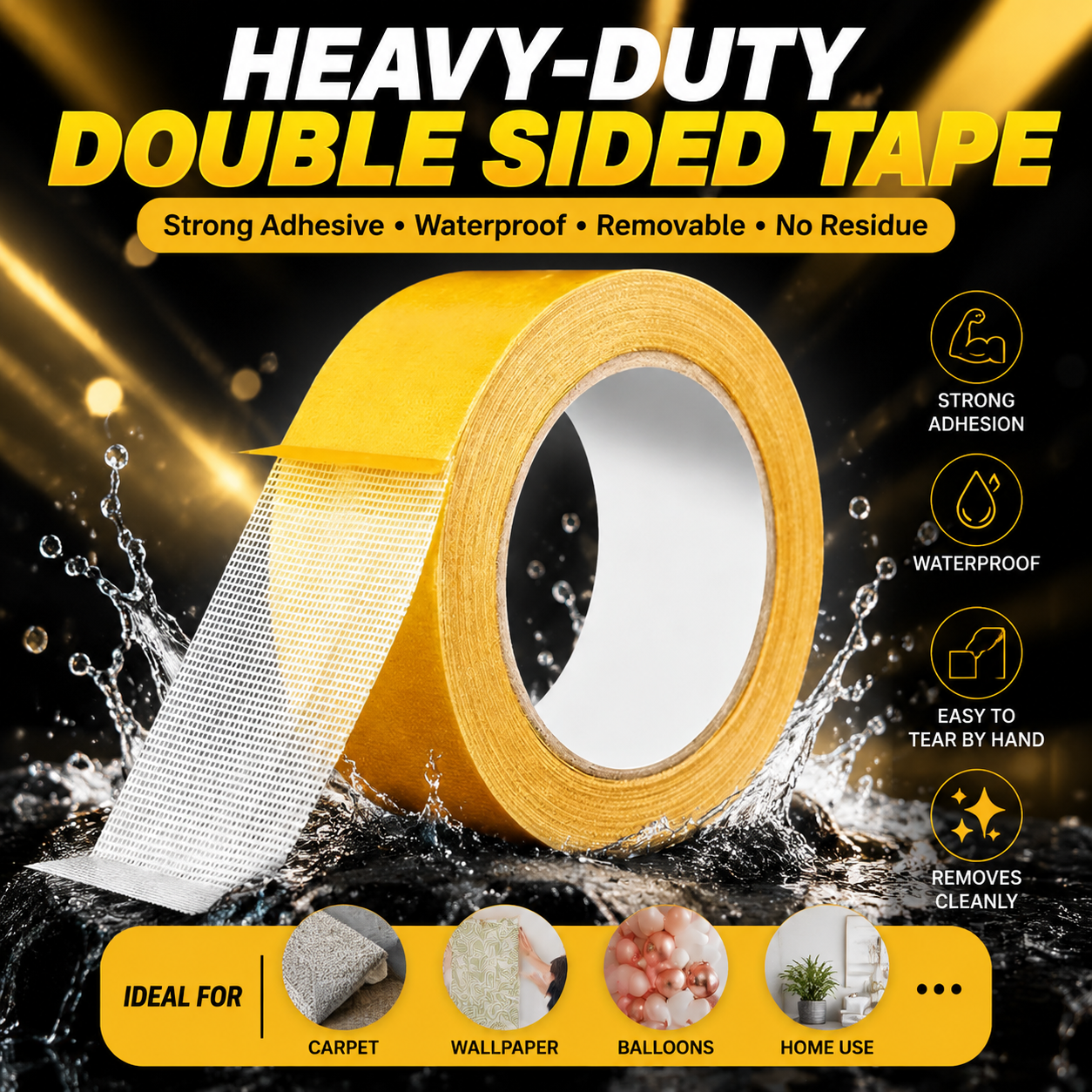 Nectavira® Heavy-Duty Double Sided Tape, StrongAdhesive, Waterproof & Removable, No Residue, Idealfor Carpet, Wallpaper, Balloons & Home Use✨