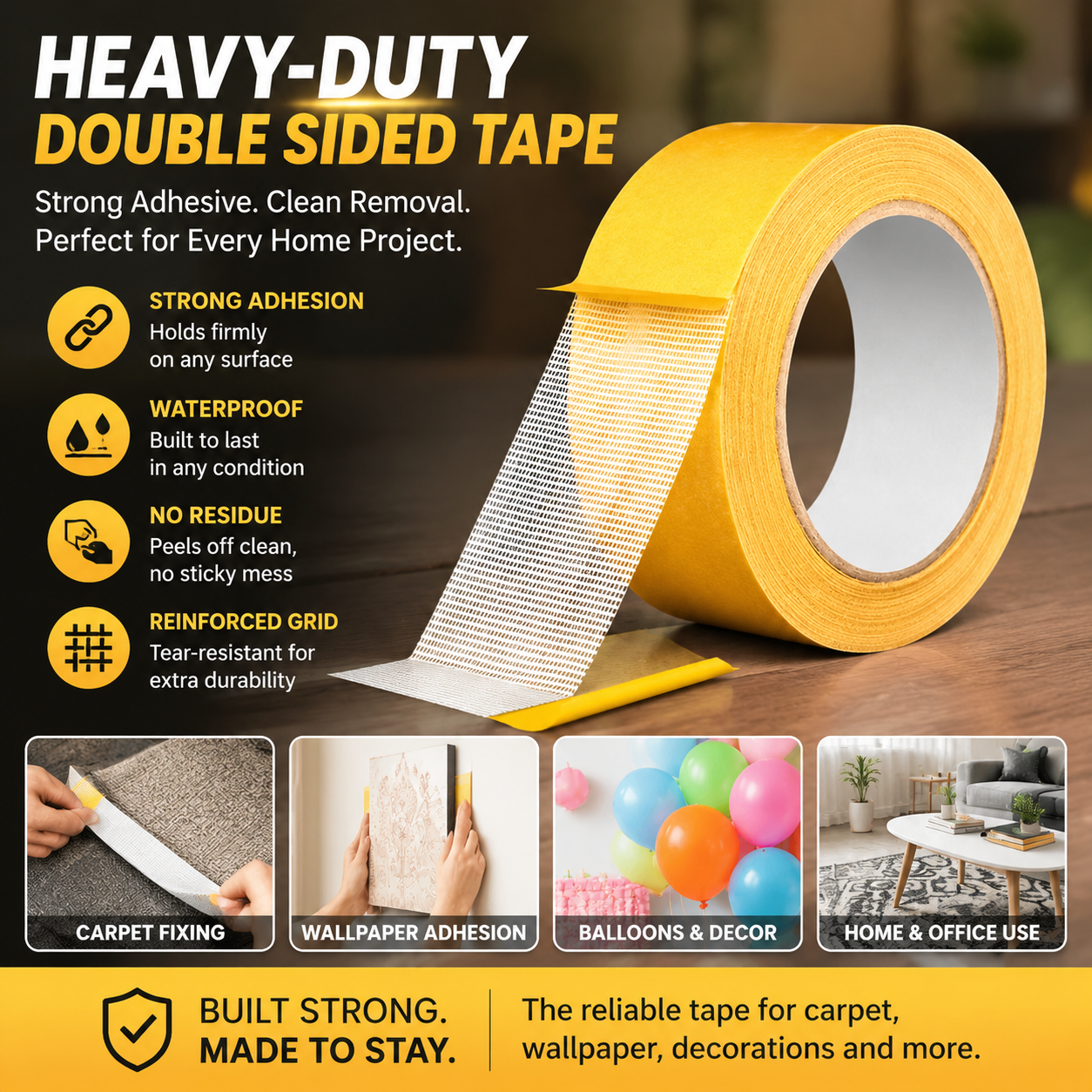 Nectavira® Heavy-Duty Double Sided Tape, StrongAdhesive, Waterproof & Removable, No Residue, Idealfor Carpet, Wallpaper, Balloons & Home Use✨
