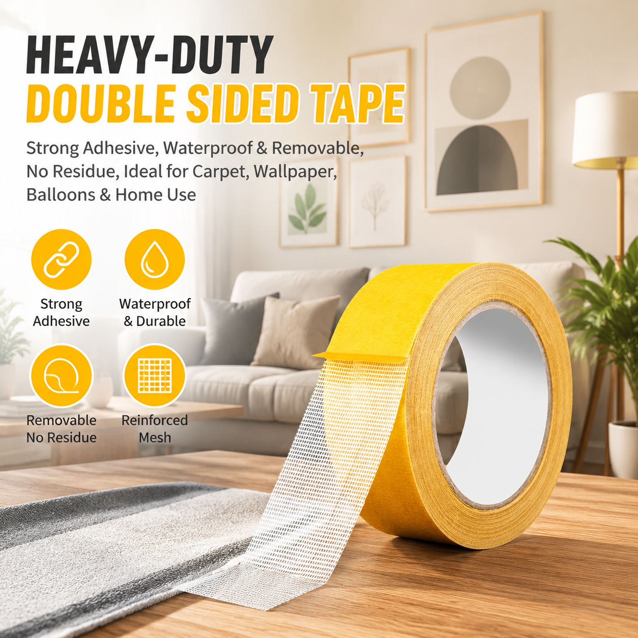 Nectavira® Heavy-Duty Double Sided Tape, StrongAdhesive, Waterproof & Removable, No Residue, Idealfor Carpet, Wallpaper, Balloons & Home Use✨