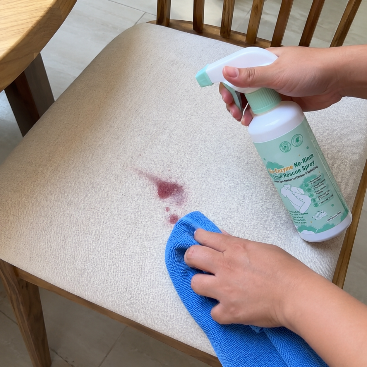 Red wine stain cleaning on chair