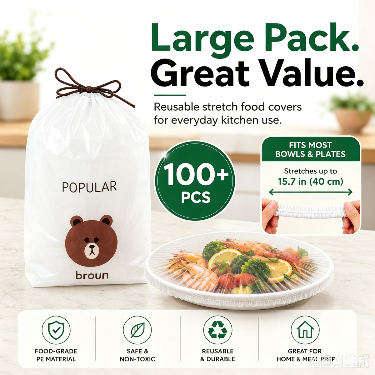 Nectavira® 100-Piece Stretch Food Covers – Elastic Bowl & Plate Covers for Leftovers, Produce & Everyday Food Storage