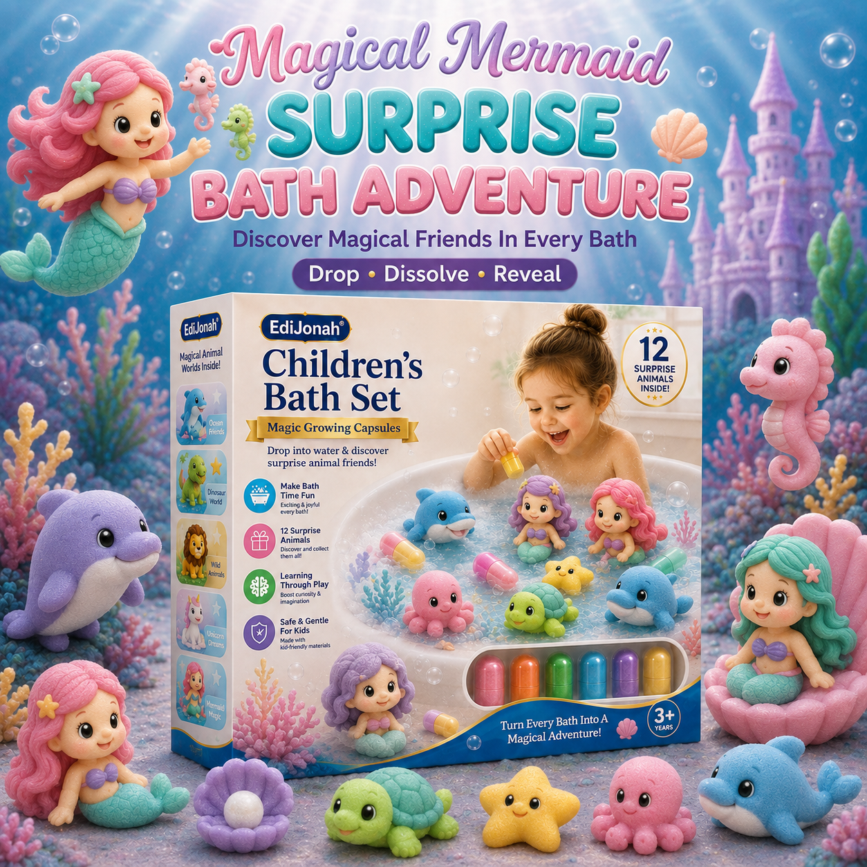 EdiJonah® Kids Bath Set – Magic Animal Capsules for Learning & Play (Turn Bath Time Into a Fun Discovery Adventure)