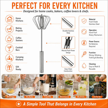 💎LAST DAY 50% OFF ✨Orodira®Stainless Steel Hand-Push Rotary Whisk – Effortless Mixing in Seconds!