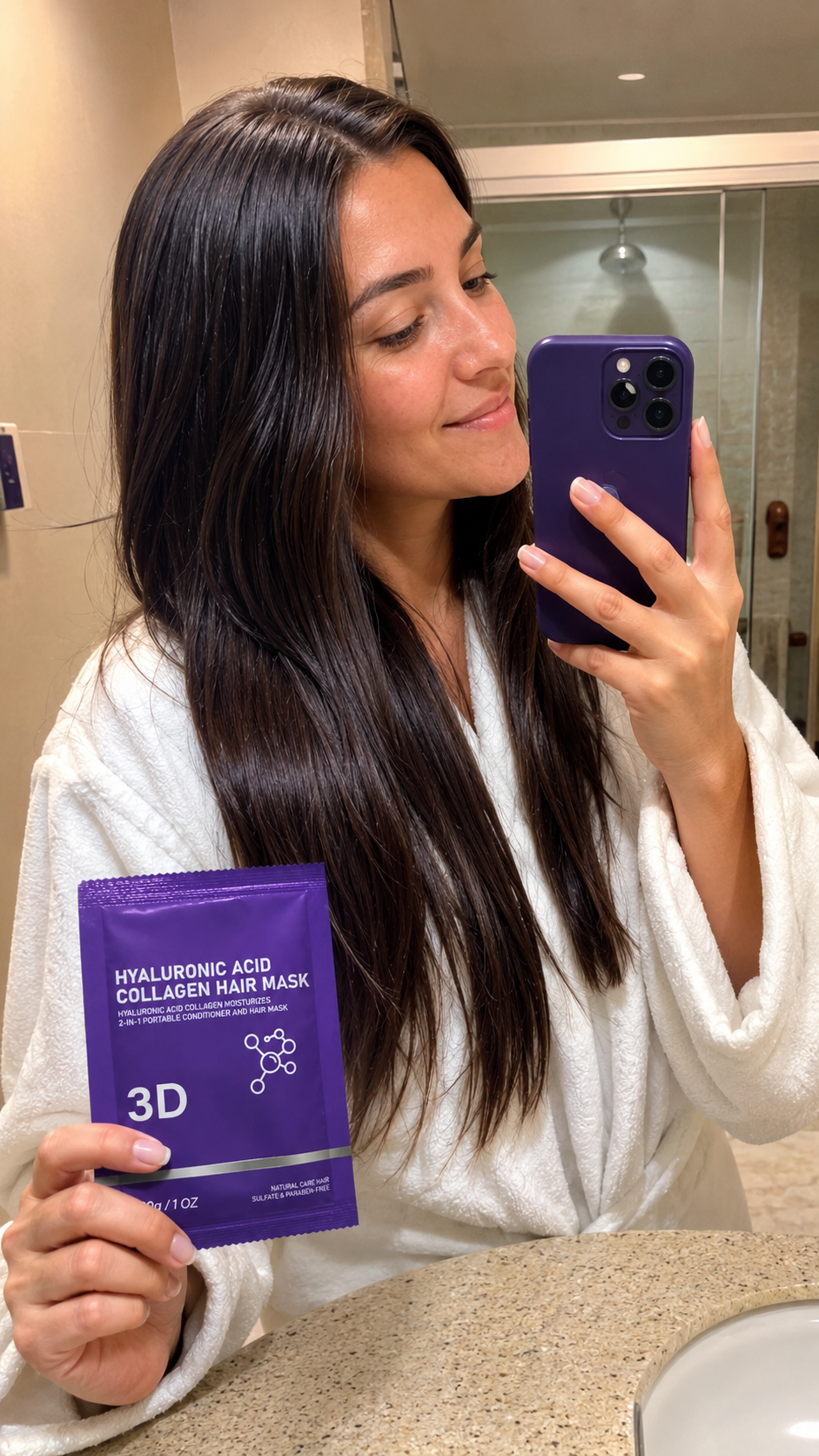 Customer holding hyaluronic acid collagen hair mask after shower with smoother hair