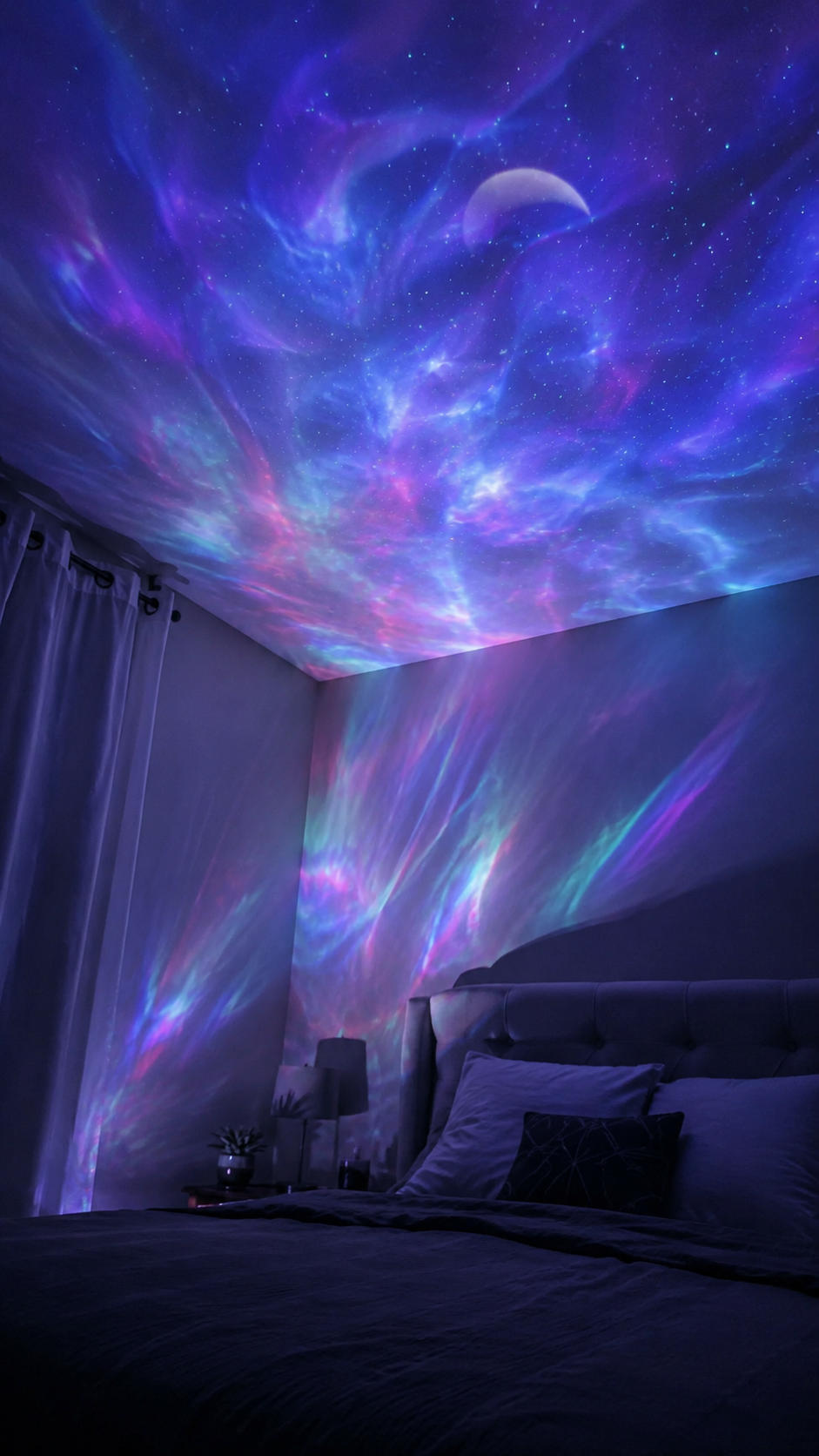 Australian customer bedroom with galaxy projection across ceiling and wall