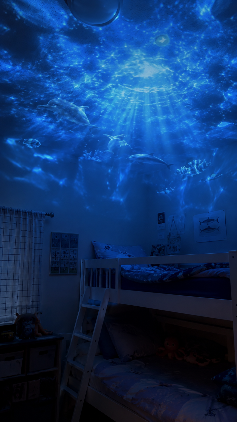 Canadian kids room with ocean projection effect on ceiling