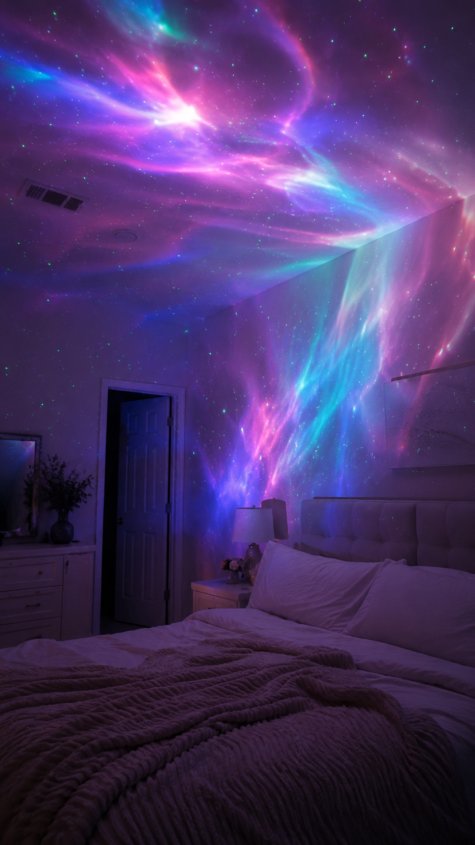Bedroom with purple galaxy projection across ceiling and wall