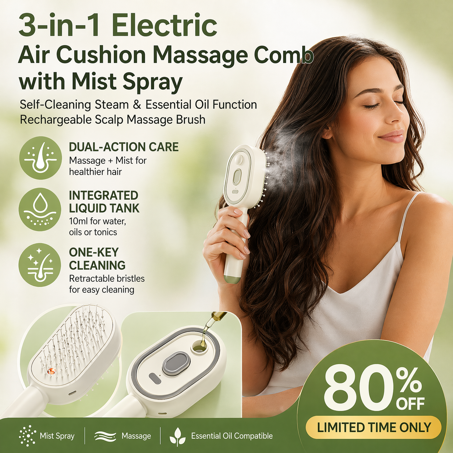 Nectavira® 3-in-1 Electric Air Cushion Massage Comb with Mist Spray, Self-Cleaning Steam and Essential Oil Function, Rechargeable Scalp Massage Brush🔥