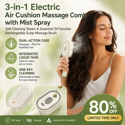 Nectavira® 3-in-1 Electric Air Cushion Massage Comb with Mist Spray, Self-Cleaning Steam and Essential Oil Function, Rechargeable Scalp Massage Brush🔥