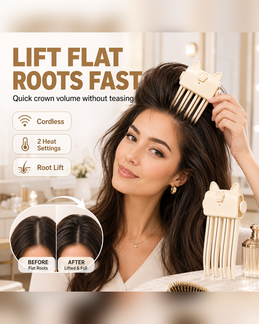 Woman using the heated RootLift clip near the front crown area
