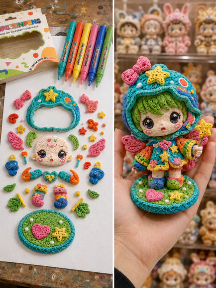 Individual 3D craft pieces assembled into a colorful handmade doll
