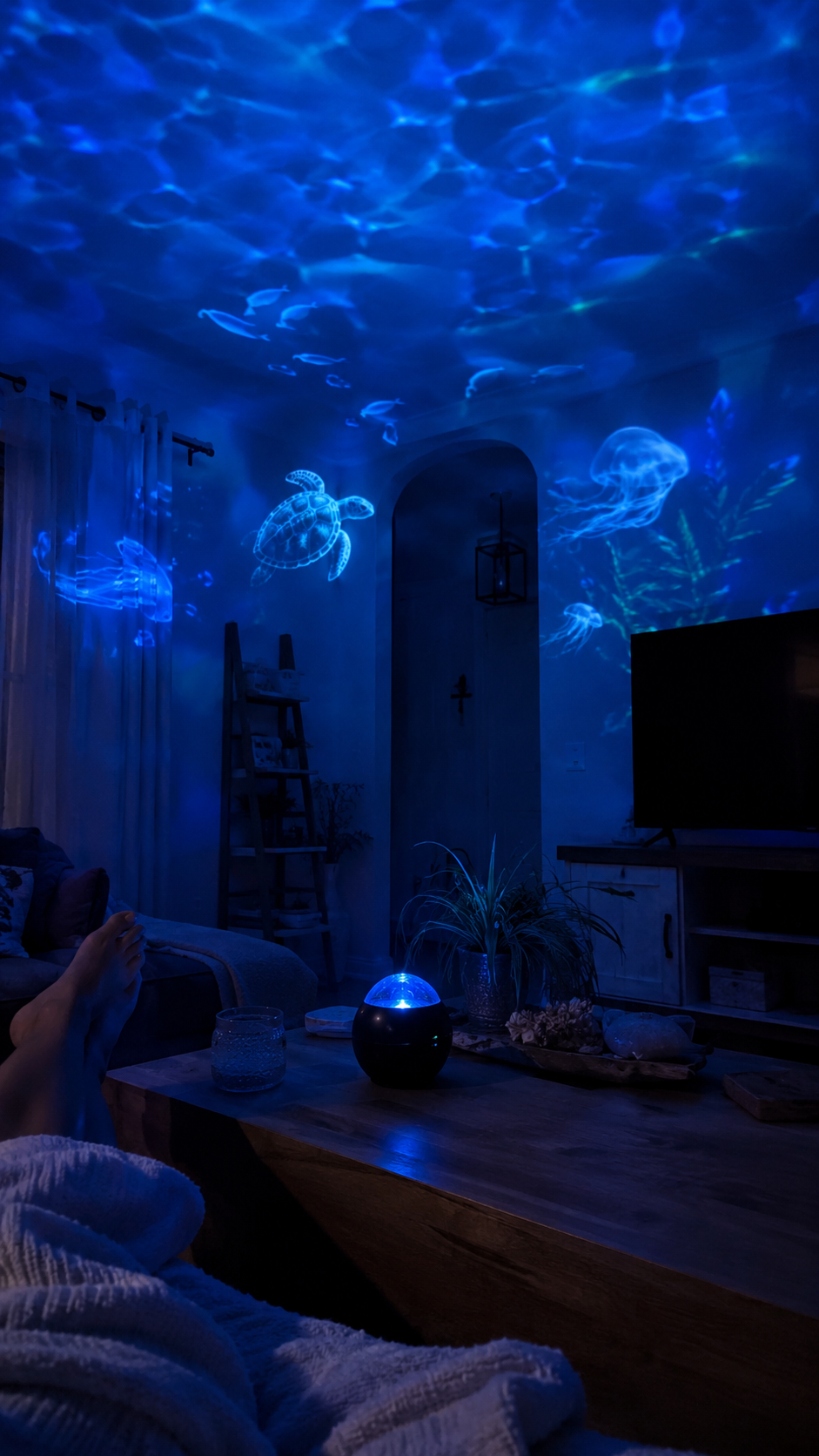 Customer living room with deep ocean projection from Nectavira projector